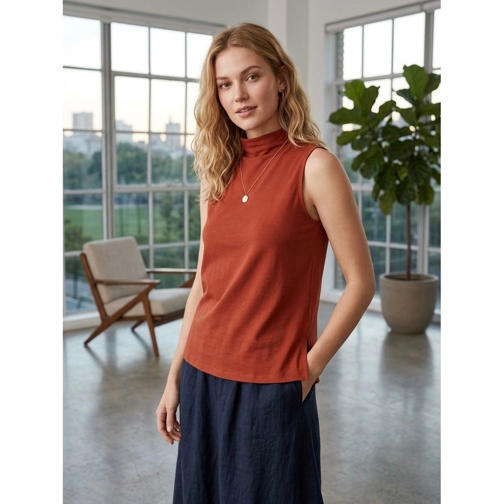 Eileen Fisher Terracotta Organic Cotton Mock Neck Sleeveless Top XXS Red
